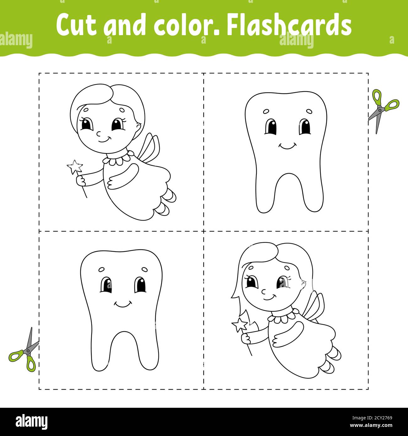 Schnitt und Farbe. Kartensatz. Bild für Kinder. Zeichentrickfigur. Stock Vektor