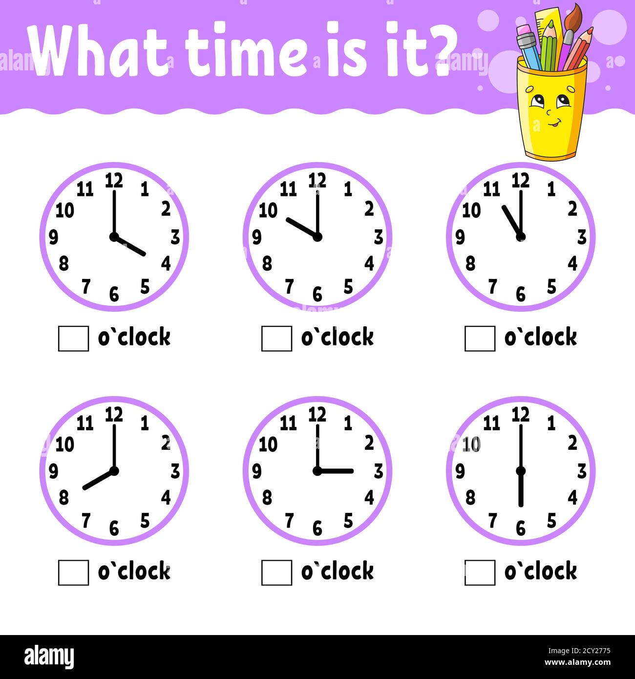 Lernzeit auf der Uhr. Arbeitsblatt für pädagogische Aktivitäten für Kinder und Kleinkinder. Spiel für Kinder. Einfache flache isolierte Farbvektordarstellung in Stock Vektor