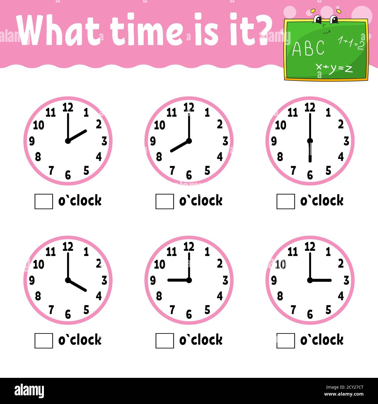 Lernzeit auf der Uhr. Arbeitsblatt für pädagogische Aktivitäten für Kinder und Kleinkinder. Spiel für Kinder. Einfache flache isolierte Farbvektordarstellung in Stock Vektor