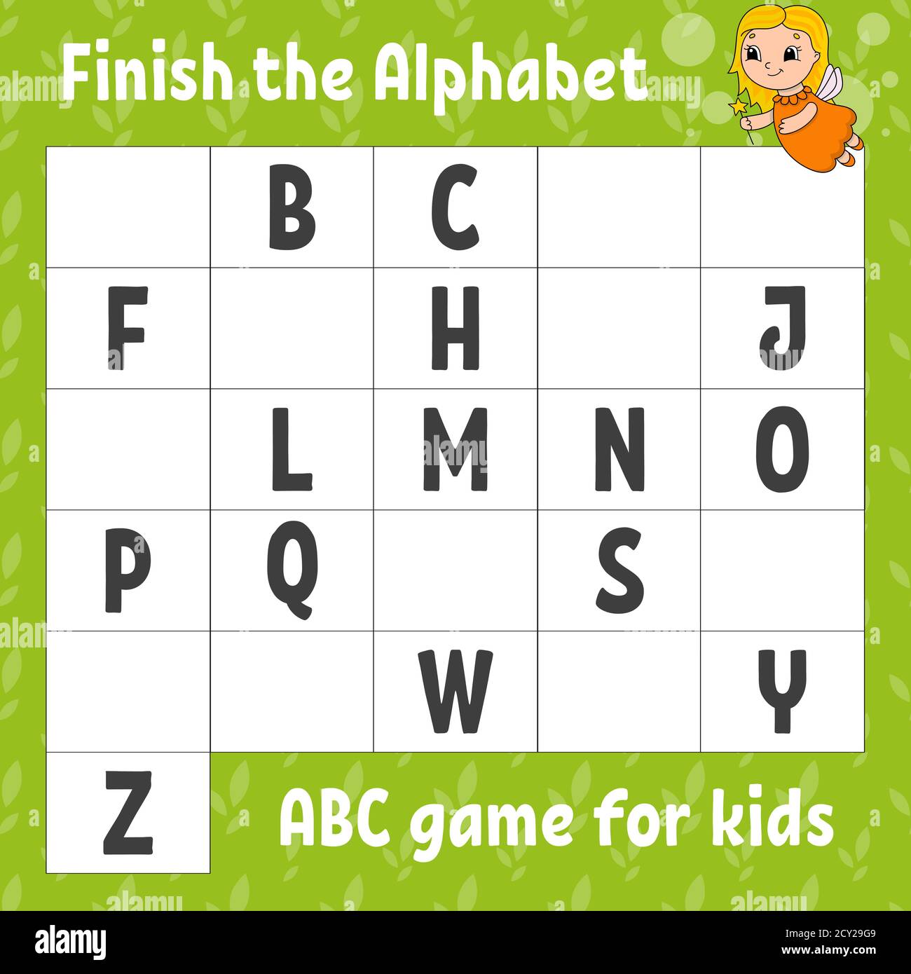 Das Alphabet fertig stellen. ABC-Spiel für Kinder. Arbeitsblatt zur Entwicklung von Schulungen. Lernspiel für Kinder. Aktivitätsseite Farbe. Stock Vektor