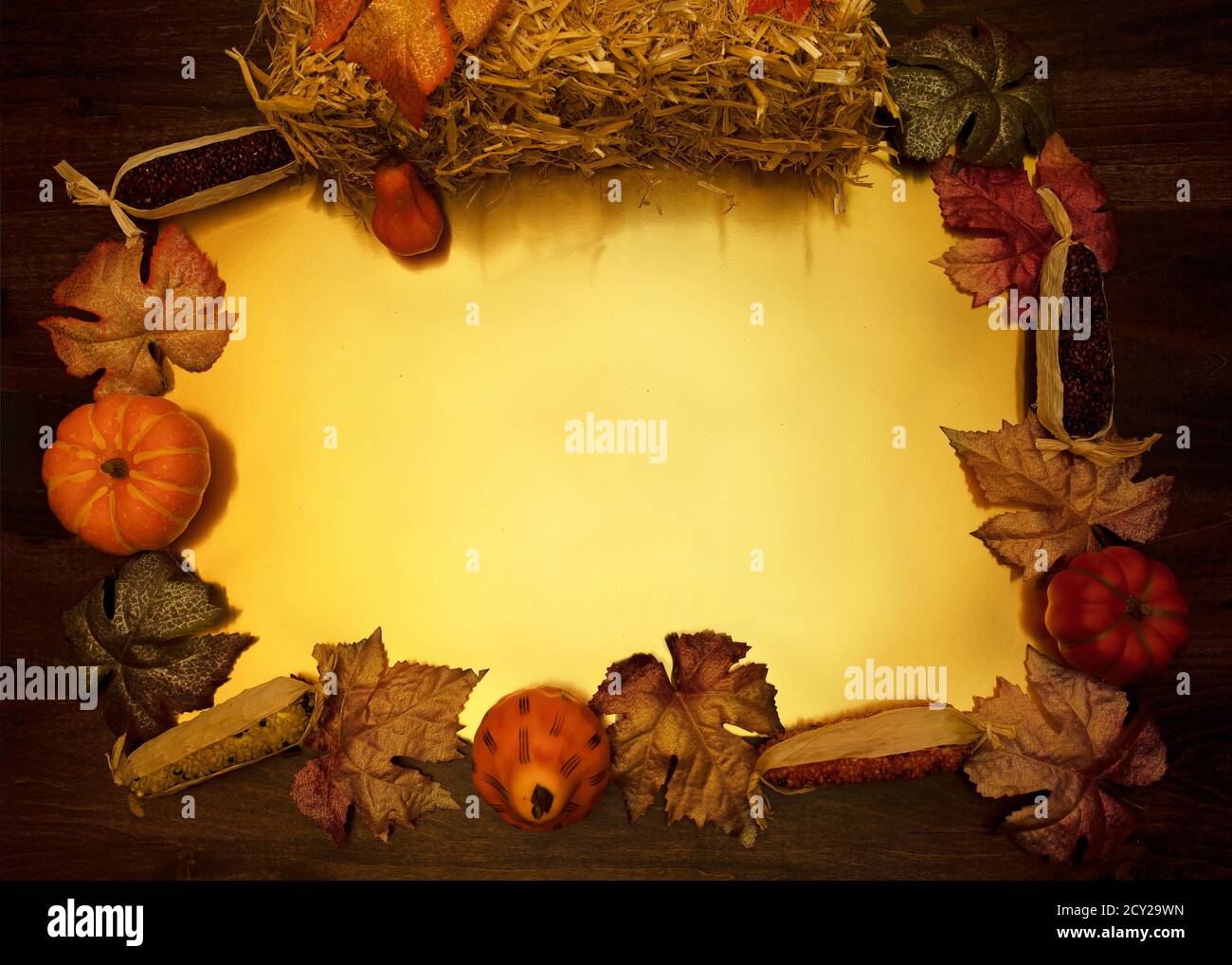 Flacher Lay-Rahmen von Herbsternte Elemente mit Gold-Zentrum gebildet. Stockfoto