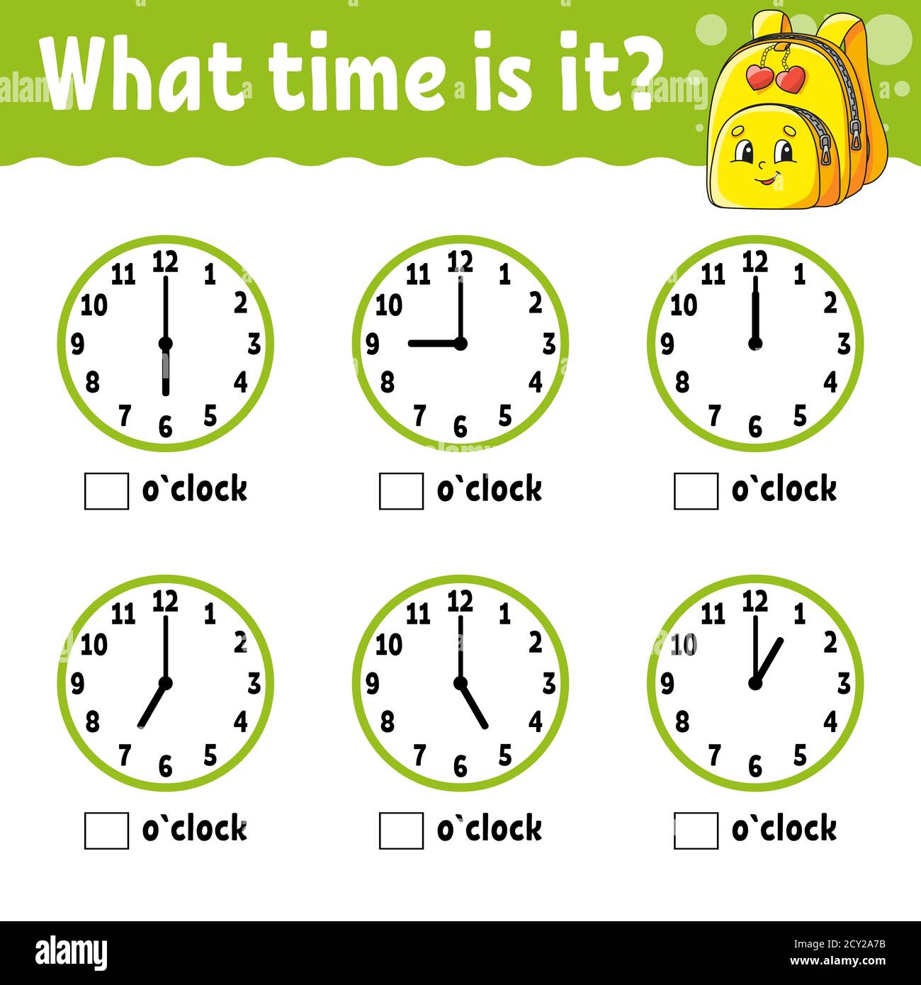 Lernzeit auf der Uhr. Arbeitsblatt für pädagogische Aktivitäten für Kinder und Kleinkinder. Spiel für Kinder. Einfache flache isolierte Farbvektordarstellung in Stock Vektor