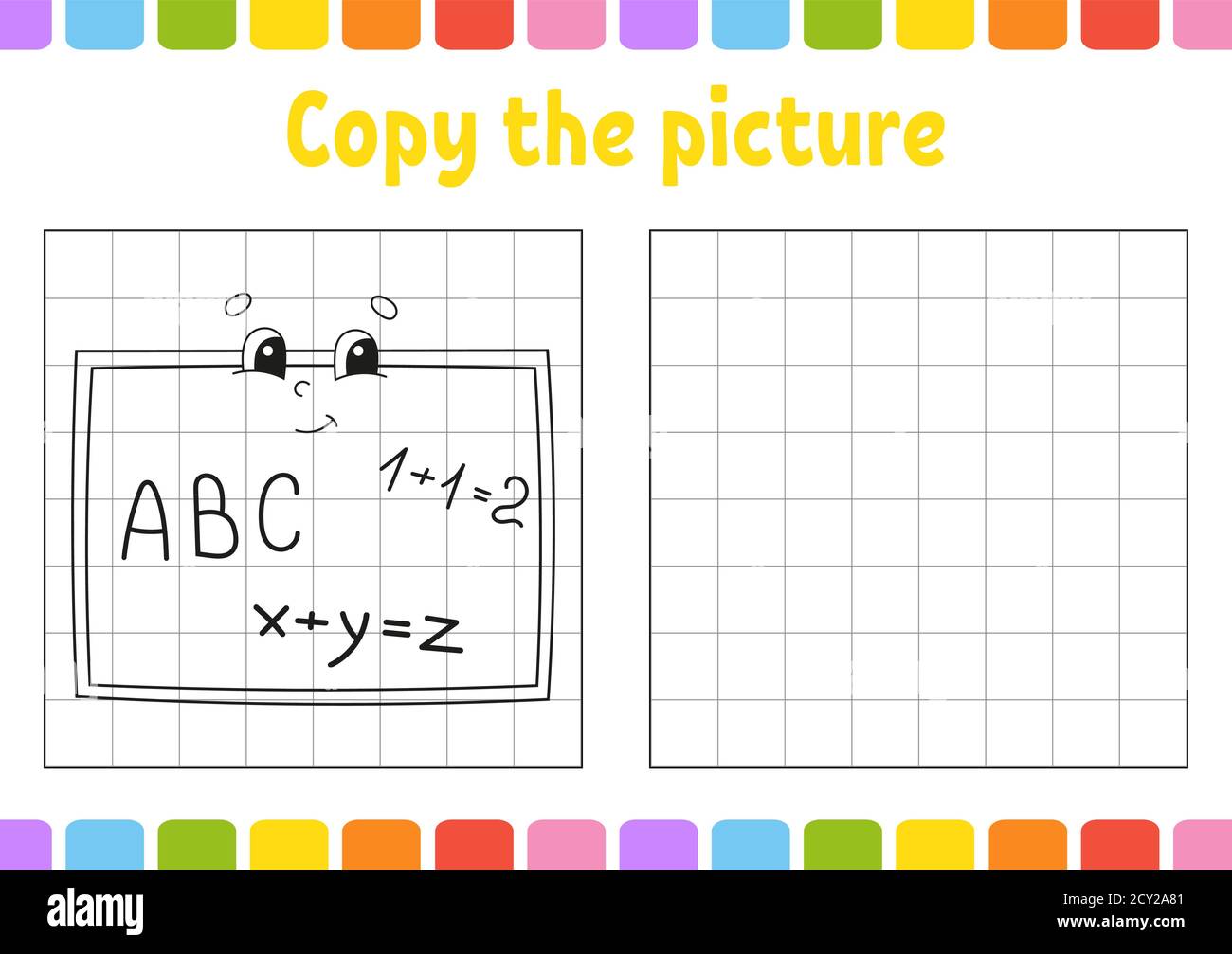 Kopieren Sie das Bild. Malbuch Seiten für Kinder. Arbeitsblatt zur Entwicklung von Schulungen. Spiel für Kinder. Zurück zur Schule. Handschriftverfahren. Komischer Charakter Stock Vektor