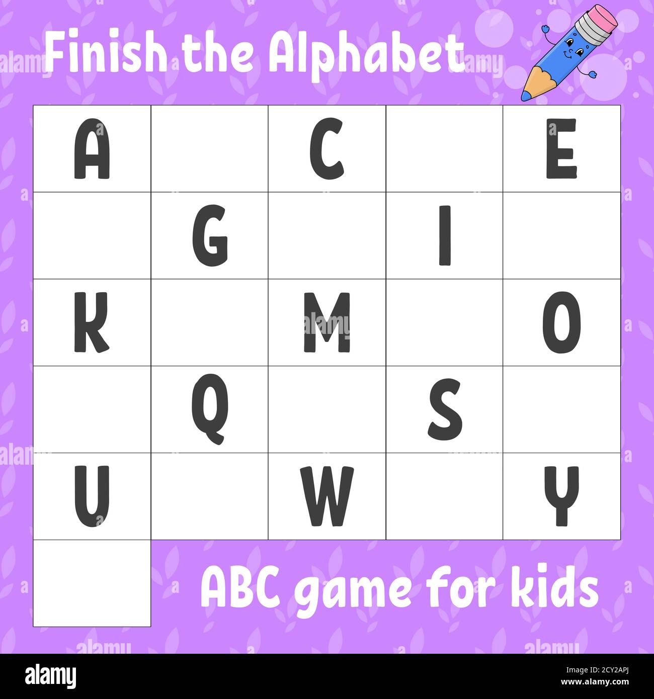 Das Alphabet fertig stellen. ABC-Spiel für Kinder. Arbeitsblatt zur Entwicklung von Schulungen. Lernspiel für Kinder. Aktivitätsseite Farbe. Stock Vektor