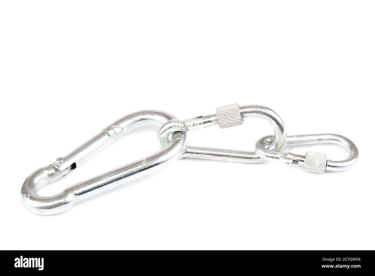 Locks Karabiner für den Einsatz in Rucksack, Handtasche oder Extremsport, isoliert auf weißem Hintergrund. Stockfoto