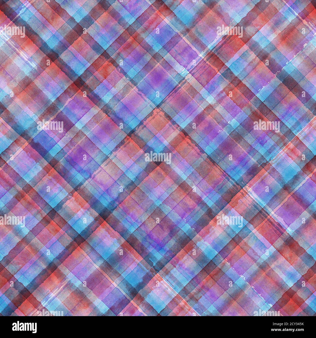 Bunte Grunge madras Tartan kariert diagonal abstrakt geometrisch nahtlose Hintergrund. Aquarell Hand gezeichnet nahtlose Muster mit lila rot blau und p Stockfoto