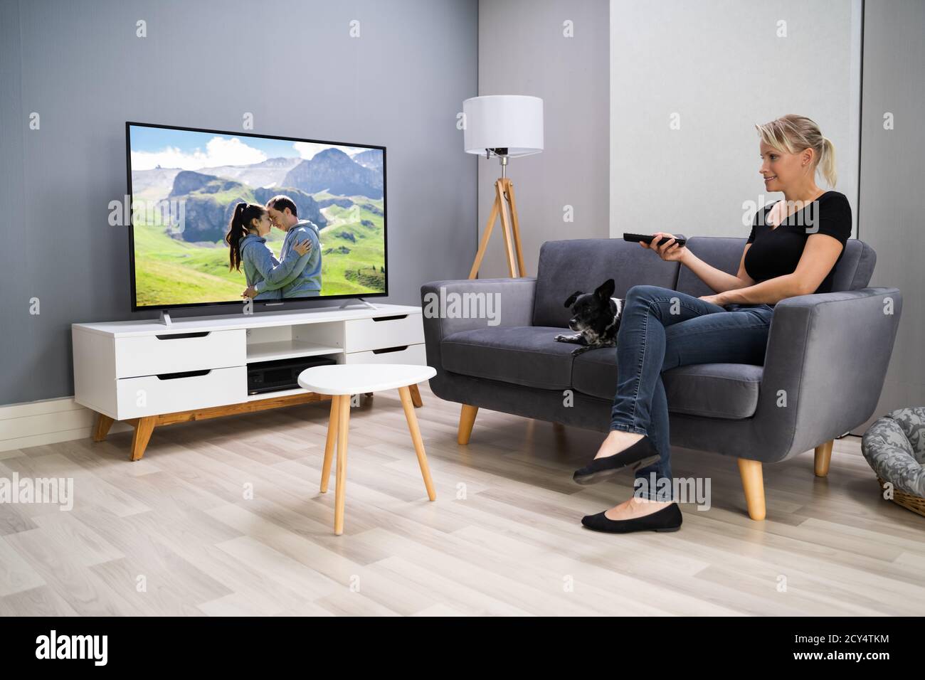 Fernsehen Film im Hauszimmer mit Hund Stockfoto