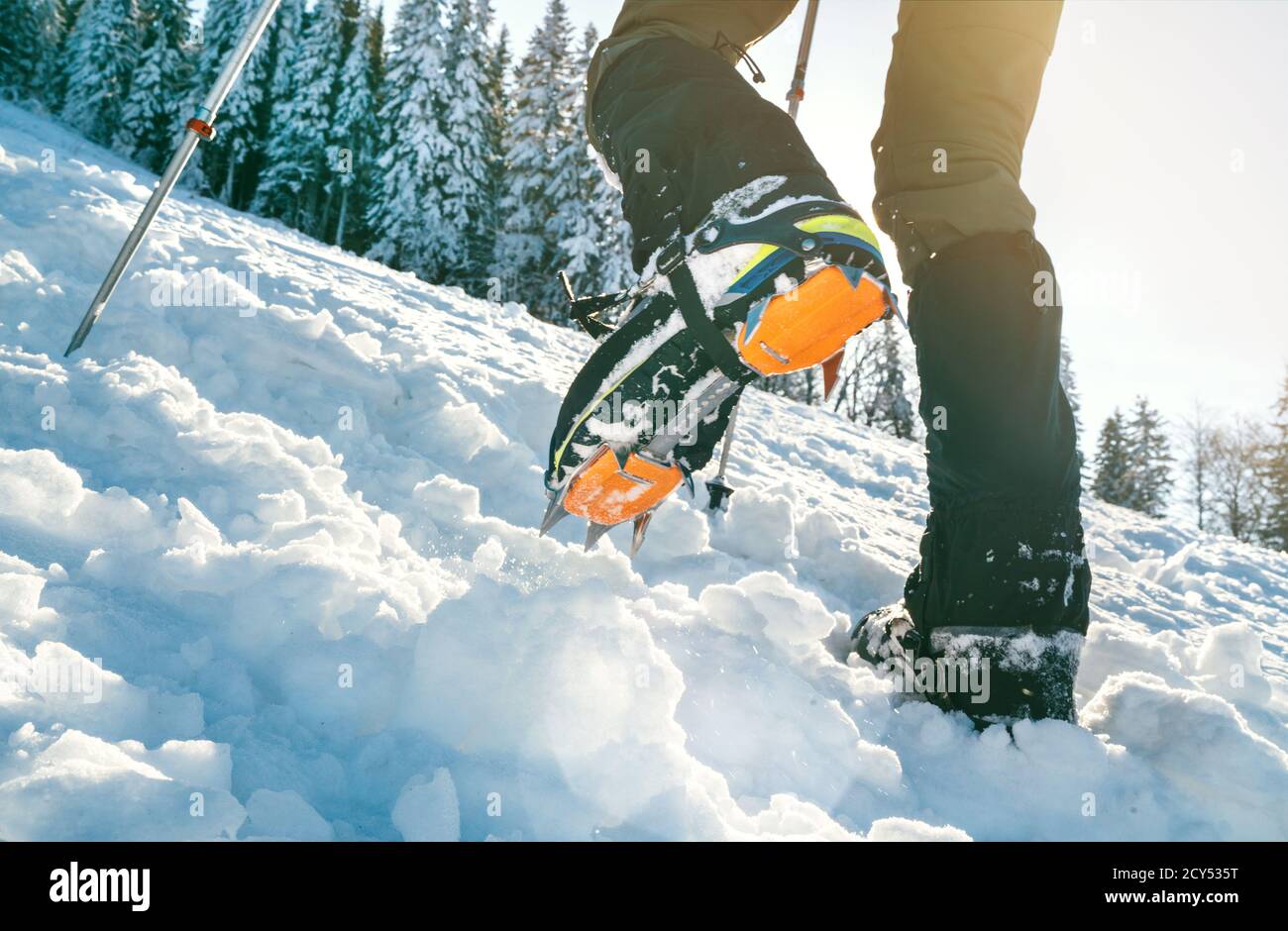 Nahaufnahme der Bergstiefel mit Steigeisen und Schneegamaschen Mit hintergrundbeleuchteten Sonnenstrahlen und verschneiten Fichten im Hintergrund Stockfoto