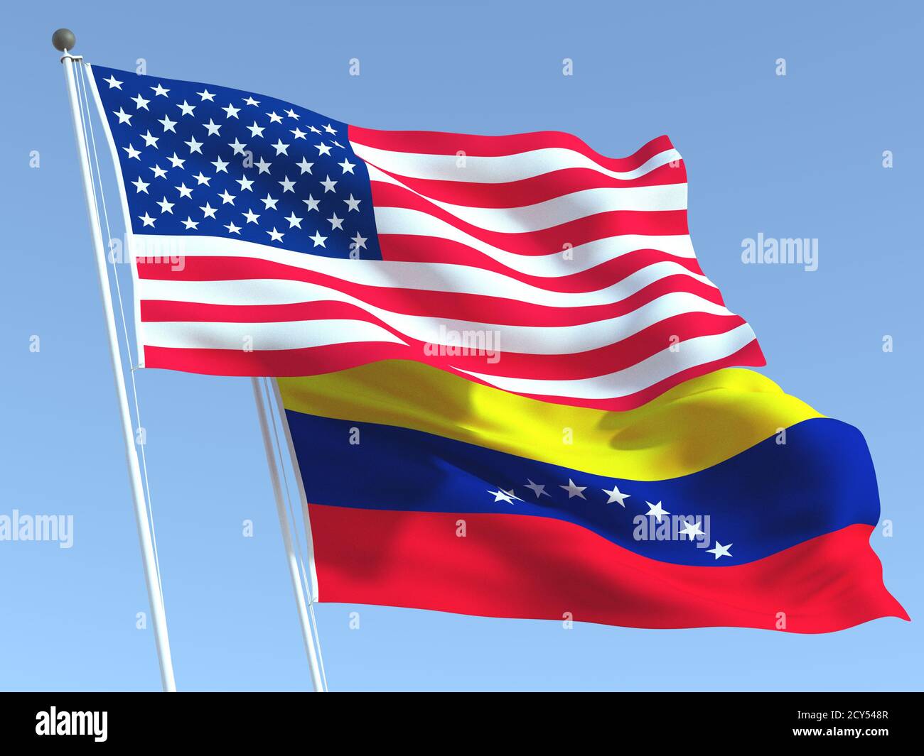 Zwei wehende Staatsflaggen der Vereinigten Staaten und Venezuelas am blauen Himmel. Hochwertiger Geschäftshintergrund. 3d-Illustration Stockfoto