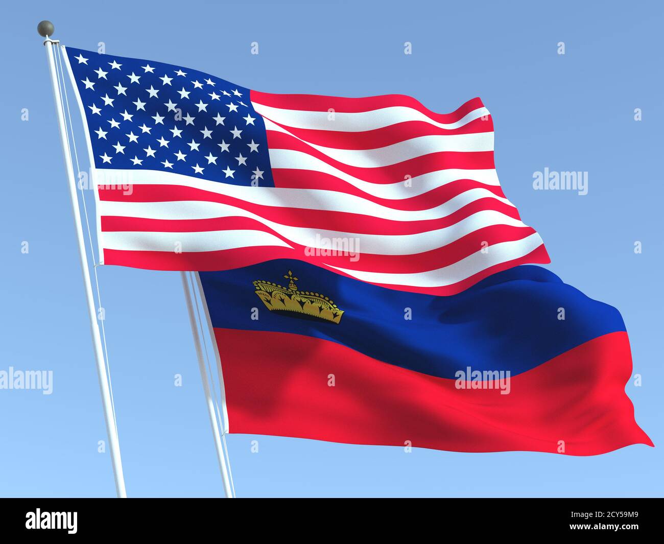 Zwei wehende Staatsflaggen der Vereinigten Staaten und Liechtensteins am blauen Himmel. Hochwertiger Geschäftshintergrund. 3d-Illustration Stockfoto