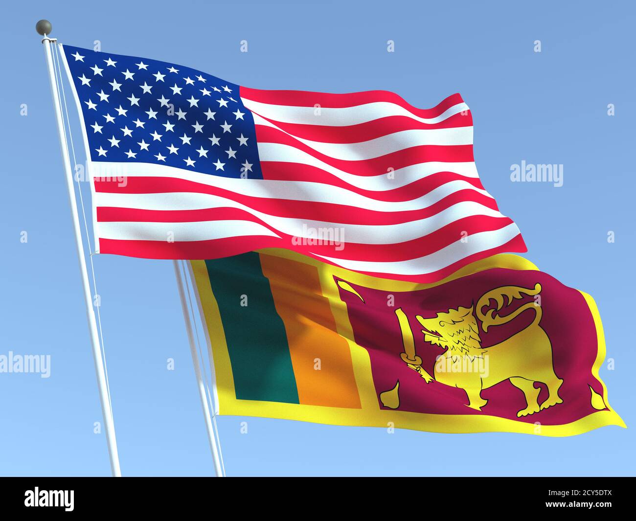 Zwei wehende Staatsflaggen der Vereinigten Staaten und Sri Lankas am blauen Himmel. Hochwertiger Geschäftshintergrund. 3d-Illustration Stockfoto