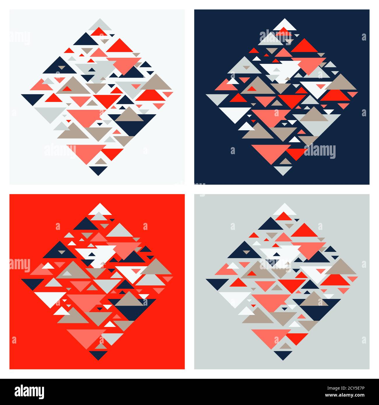 Satz von vier abstrakten geometrischen Hintergrund - mehrfarbige Dreiecke Muster. Vektorgrafik. Rot, weiß, grau, marineblau Farben. Kräftige, lebendige Farben Stock Vektor