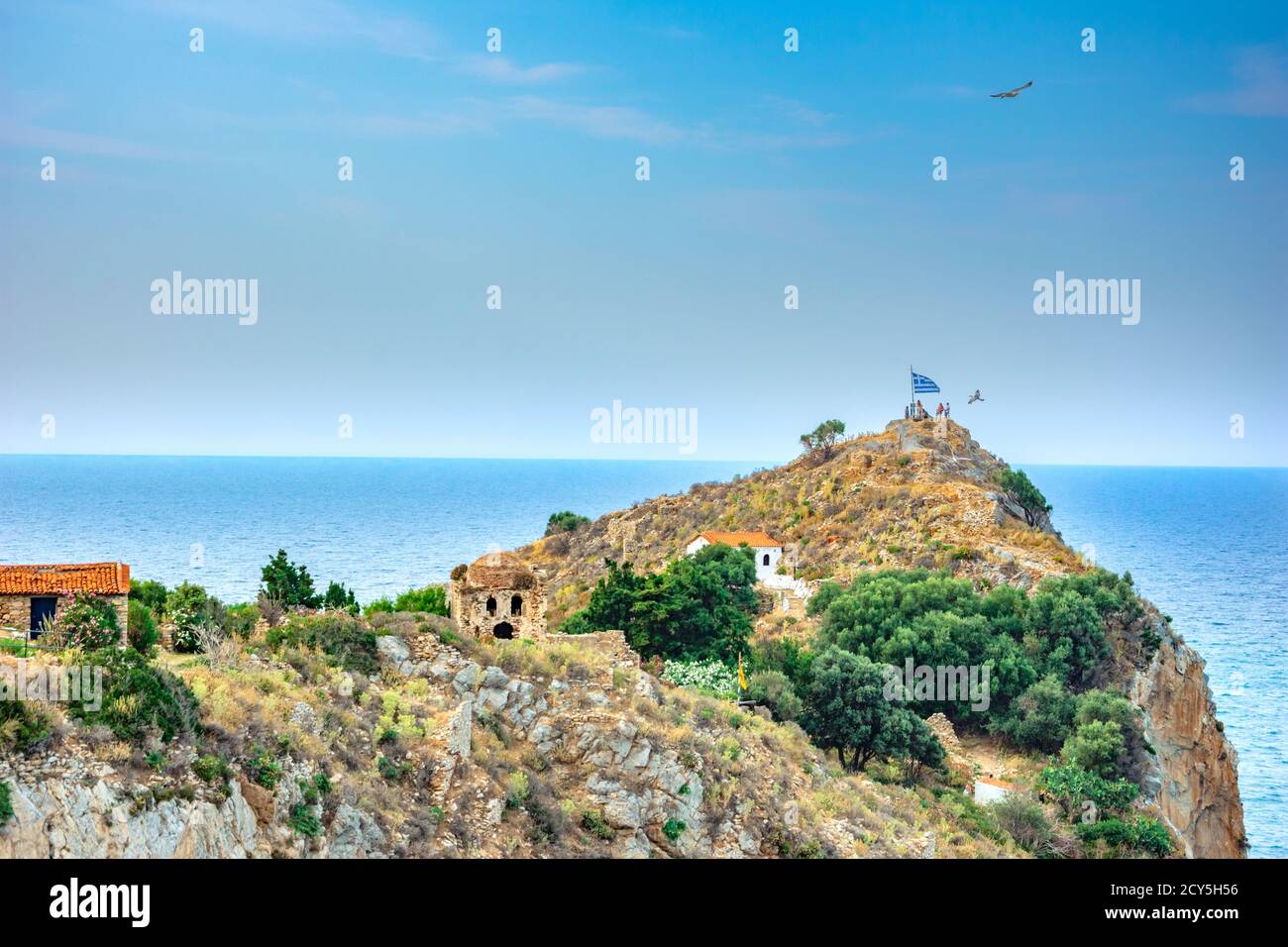 Die verlassene Festung von Kastro in Skiathos Insel, Sporaden, Griechenland. Stockfoto