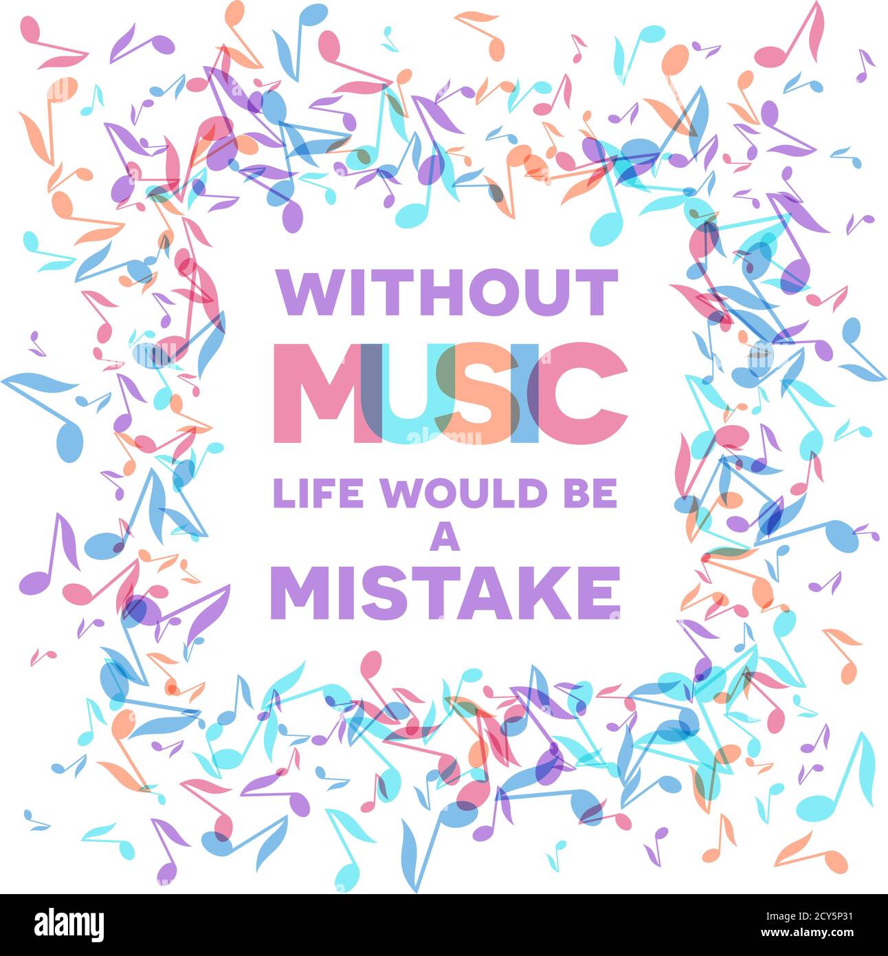 Bunte Musik Ereignis Notizen Hintergrund. Zufällige farbige Musik Festival Poster Design Vorlage. Vektorgrafik. Inspirierende Zitate über Musik - W Stock Vektor