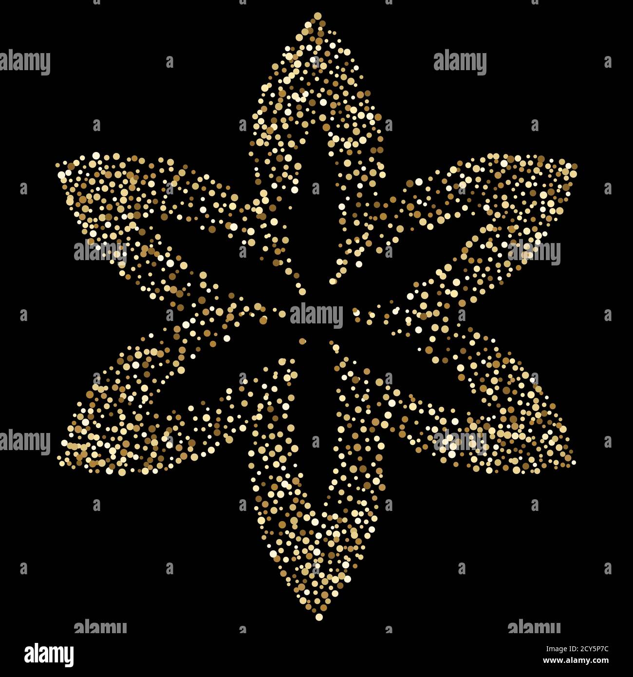 Luxuriöse goldene Lotusblume auf schwarzem, goldglitzerndem Konfetti-Teilchen auf dunklem Hintergrund. Verstreute goldene Punkte. Vektorgrafik. Mit erstklassigem Blumenmuster Stock Vektor