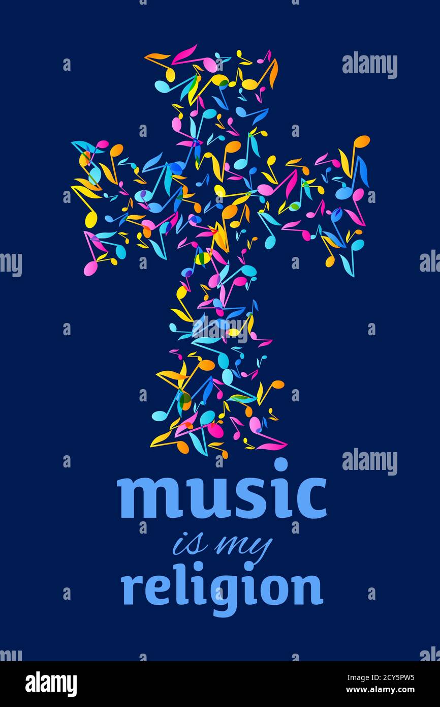 Bunte Musik Event Fest Notizen Hintergrund. Zufällige farbige Musik Festival Poster Design Vorlage. Mehrfarbige Noten auf dunkelblauem Hintergrund Stock Vektor