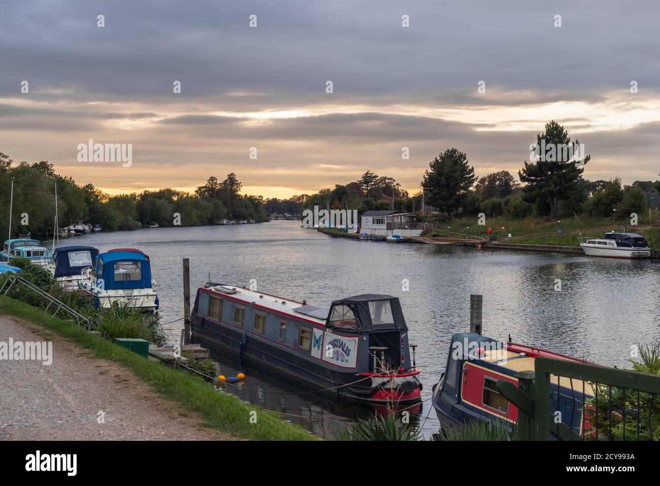 Sonnenuntergang über der Themse auf Platt's Eyot Island in Hampton West London im Herbst 2020. London, England, Großbritannien Stockfoto