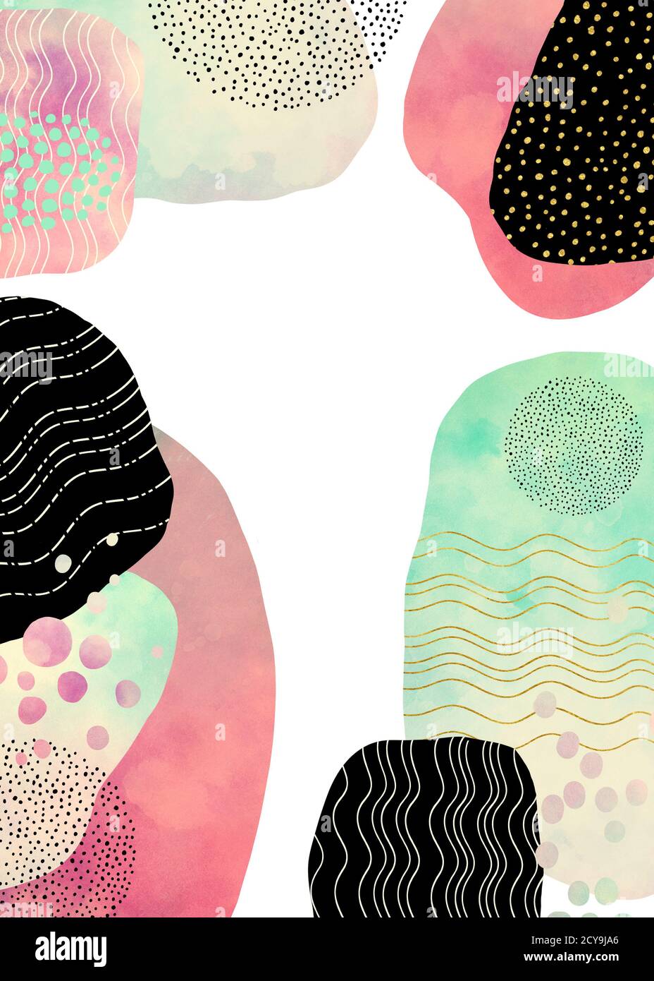 Abstrakt Aquarell Hintergrund mit schwarz rosa und grün Blob Formen Und Formen mit gewellten Linien und Punktmuster Design-Elemente In modernem Kunststil bord Stockfoto