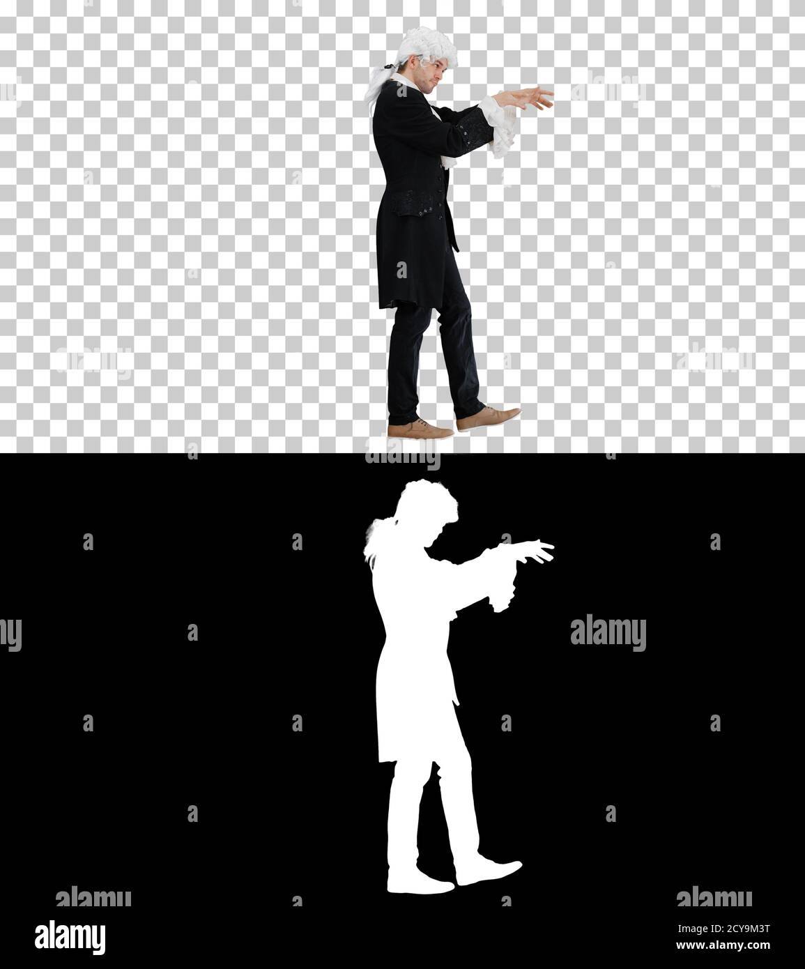 Mann gekleidet wie Mozart beim Gehen, Alpha Channel Stockfoto