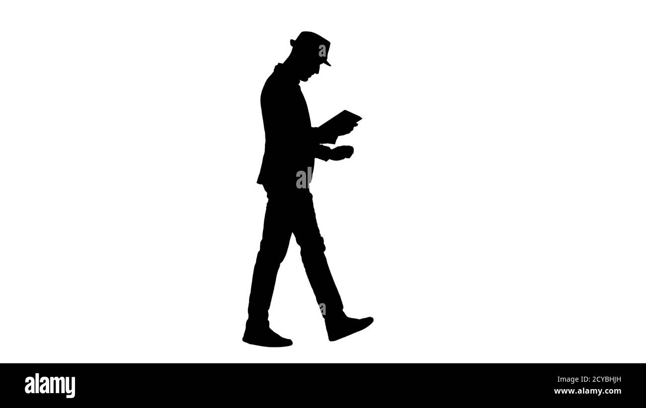 Silhouette Casual Mann mit Tablet und lächeln beim Aufwachen. Stockfoto