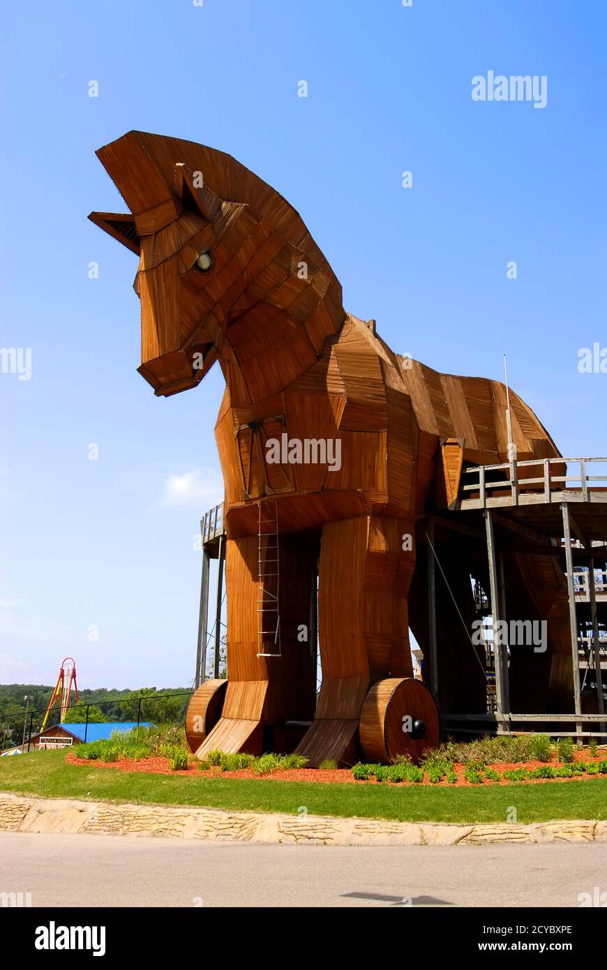 Trojanisches Pferd im Mt Olympus Theme Park, Wisconsin Dells, WI ist eine Hauptattraktion im Wisconsin Dells in Wisconsin und nur ein beliebtes Resortgebiet Stockfoto