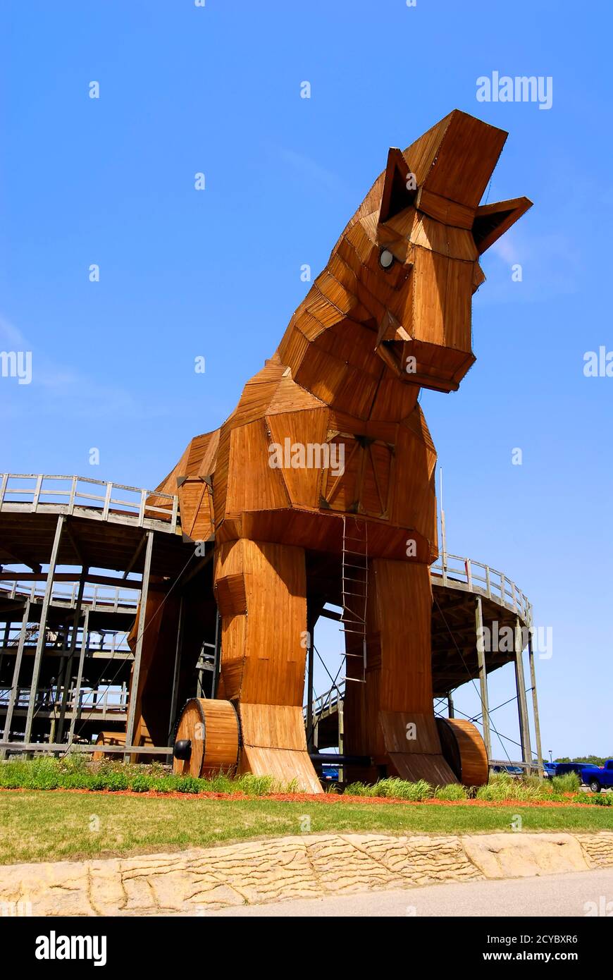 Trojanisches Pferd im Mt Olympus Theme Park, Wisconsin Dells, WI ist eine Hauptattraktion im Wisconsin Dells in Wisconsin und nur ein beliebtes Resortgebiet Stockfoto