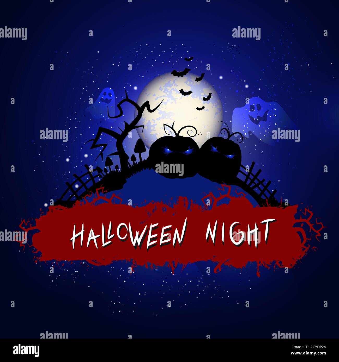 Vektor Halloween Illustration mit Kürbissen und Inschrift auf Sternenhimmel nächtlichen Hintergrund mit Vollmond. Blauer Hintergrund. Stock Vektor