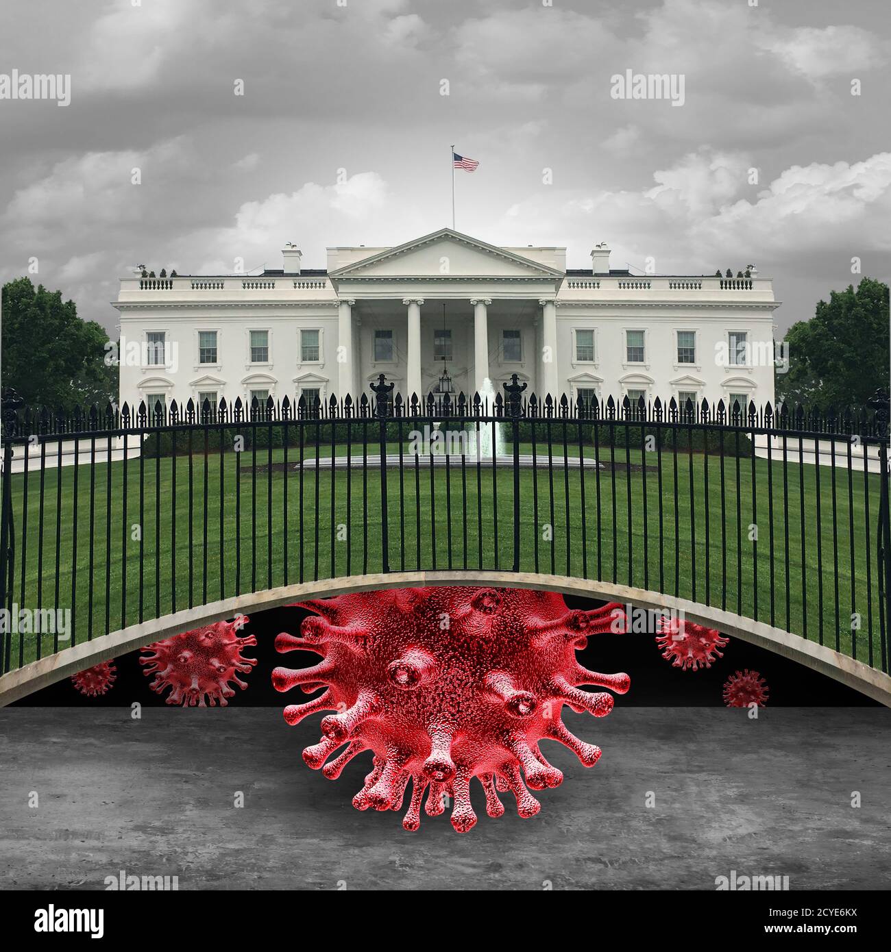 Gesundheit und das Konzept des Weißen Hauses als Risiko für Coronavirus oder Covid-19 und Grippevirus-Gefahr in den Vereinigten Staaten als Gesundheitsgesetz. Stockfoto