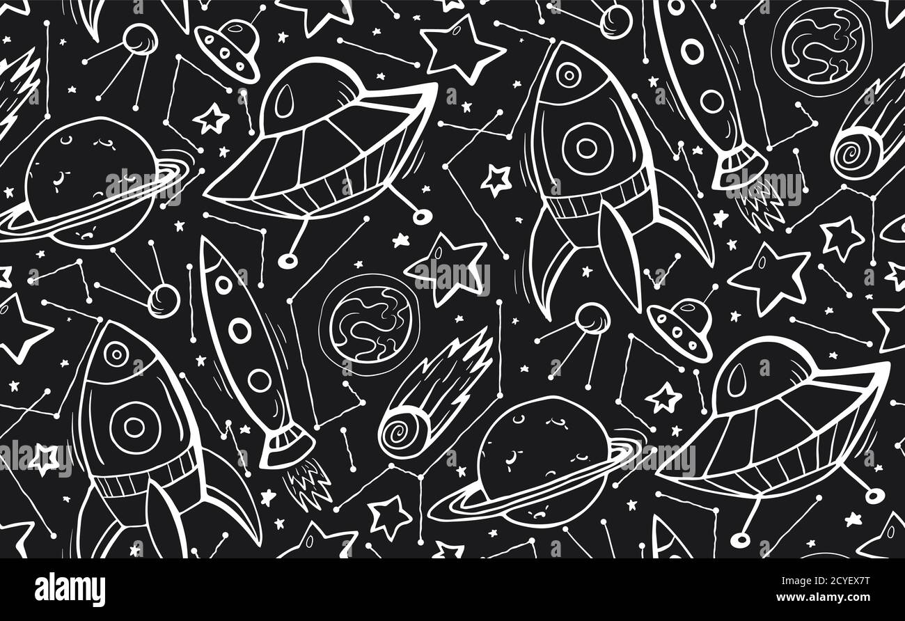 Nahtloses Schwarz-Weiß-Muster mit handgezeichneten Konturen, Kinderillustrationen von Sternen, Raumschiffen und UFOs. Vektor Doodle Textur für Tapete, texti Stock Vektor