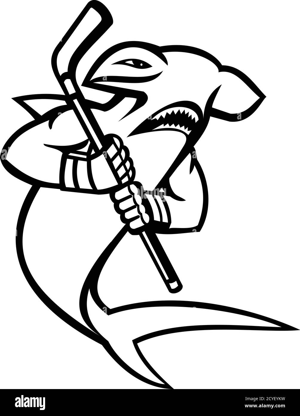Schwarz-Weiß-Maskottchen Illustration eines Hammerhai, der Ist ein Eishockey-Spieler mit einem Hockeyschläger angesehen Von der Seite auf isoliertem Hintergrund i Stock Vektor