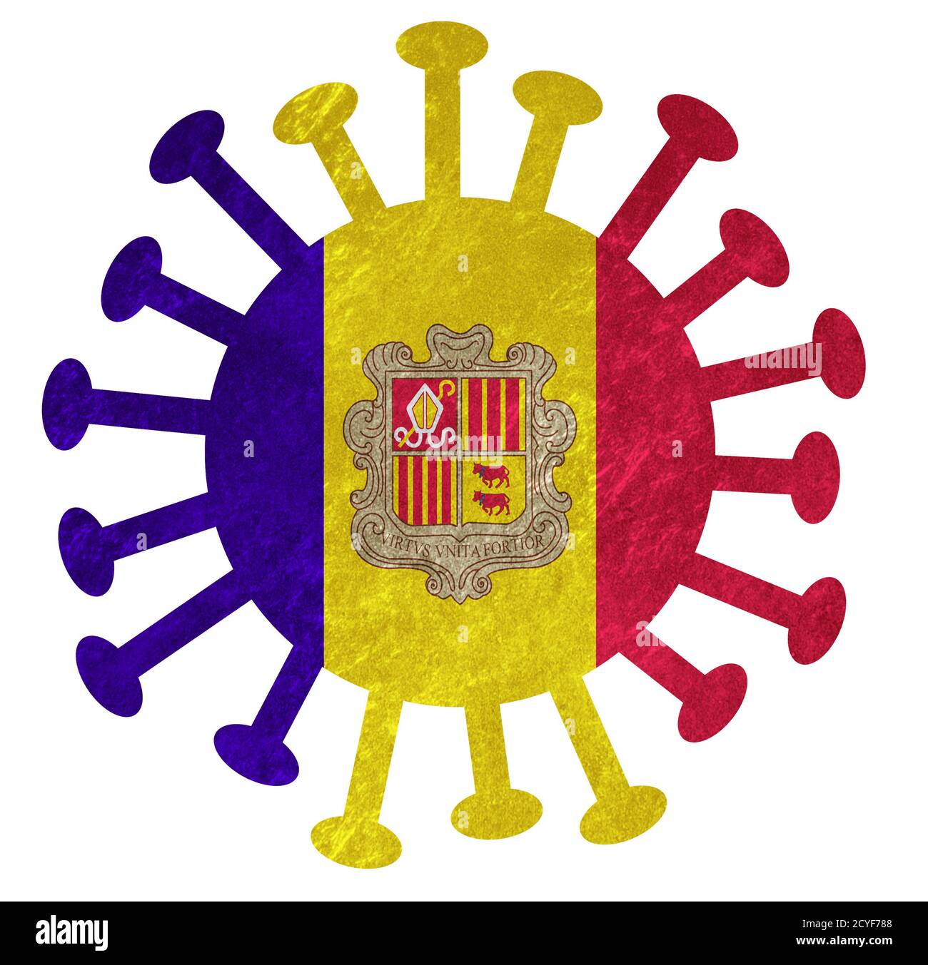 Die Nationalflagge von Andorra mit Koronavirus oder Bakterien - isoliert auf weiß Stockfoto