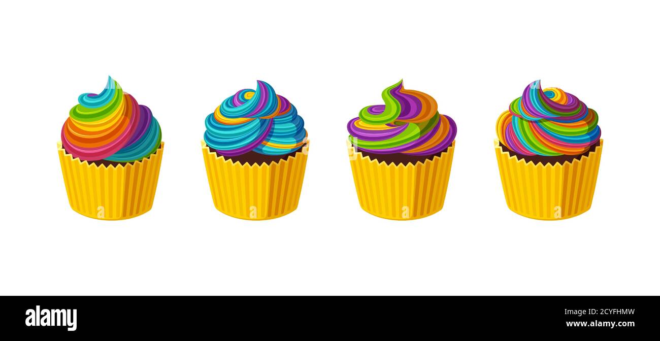 Regenbogen Cupcakes mit bunten Vereisung. Leckere Kuchen mit bunten Sahne. Vektor-Illustration in niedlichen Cartoon-Stil Stock Vektor