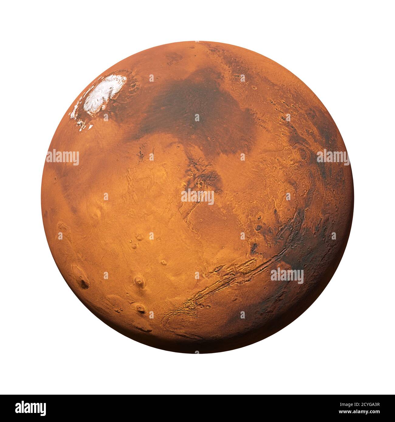 Geheimnisvoller Planet Mars auf weißem Hintergrund isoliert Stockfoto