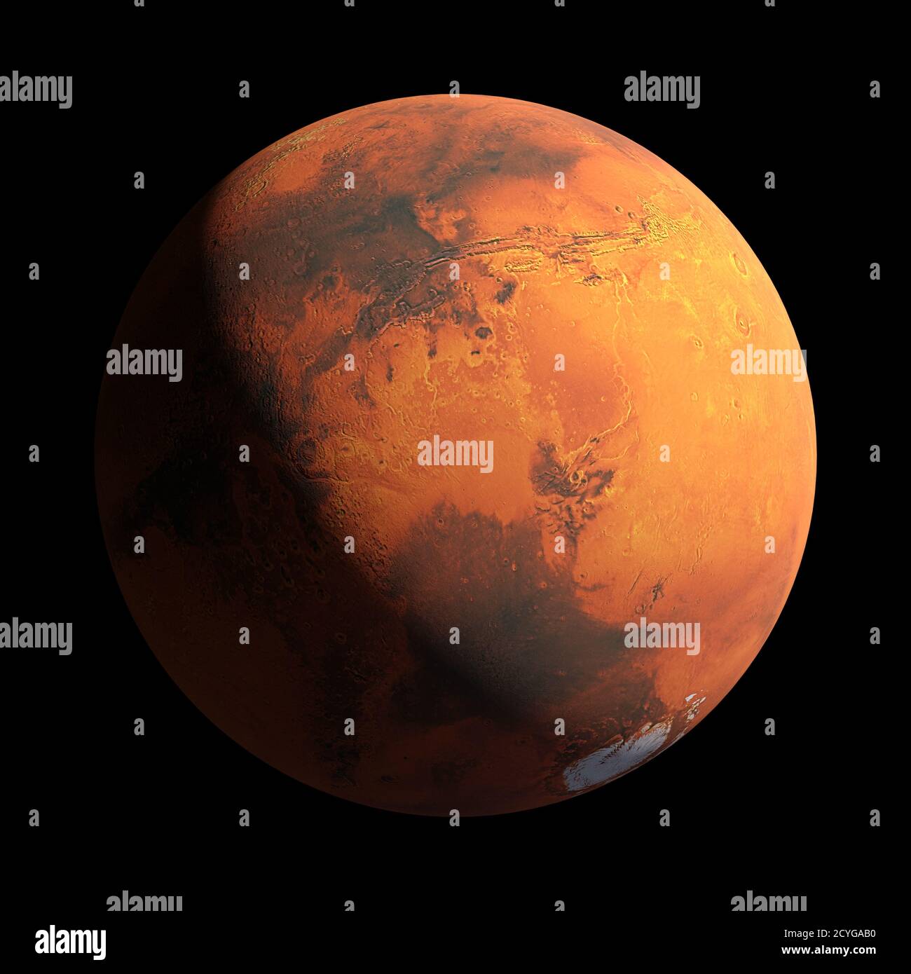 Planet Mars isoliert auf schwarzem Hintergrund Stockfoto