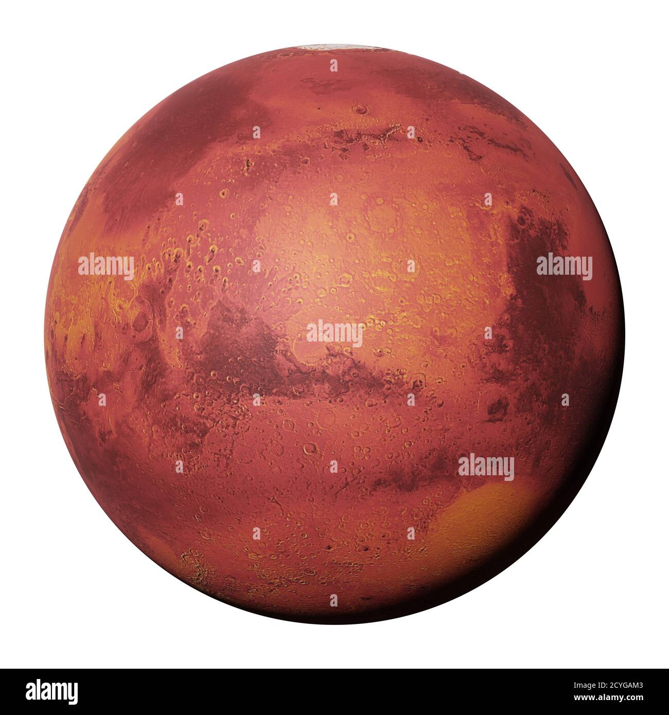 Schöner Planet Mars in natürlichen Farben isoliert auf weißem Hintergrund Stockfoto