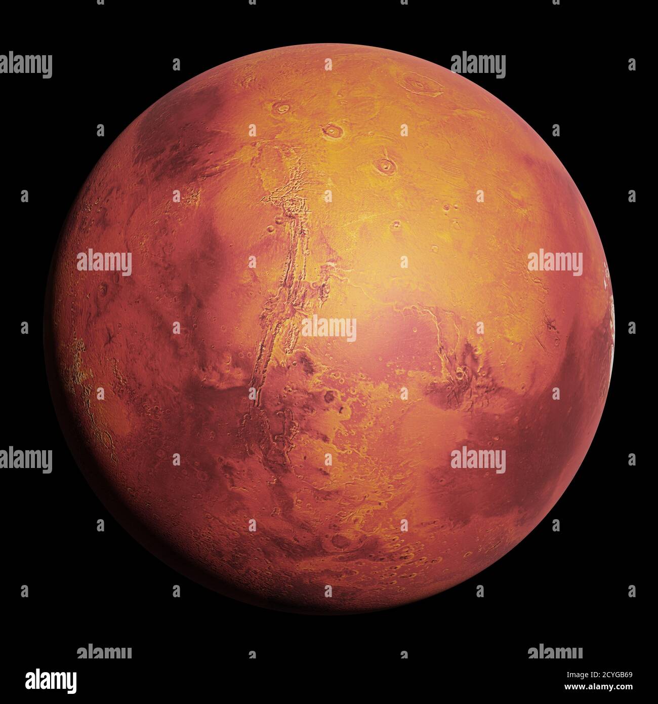 Mars, der rote Planet, isoliert auf schwarzem Hintergrund Stockfoto