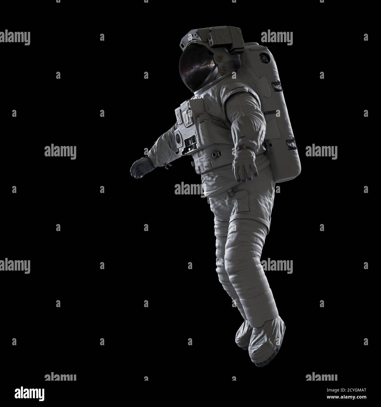 astronaut fliegt im Weltraum, isoliert auf schwarzem Hintergrund Stockfoto