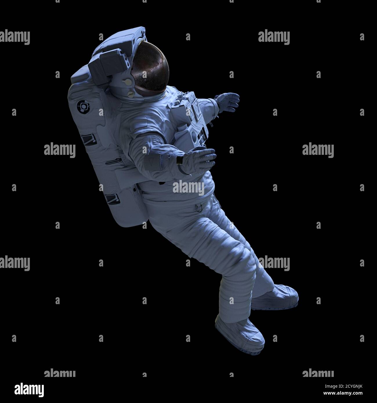 astronaut während des Spacewalk, isoliert auf schwarzem Hintergrund Stockfoto