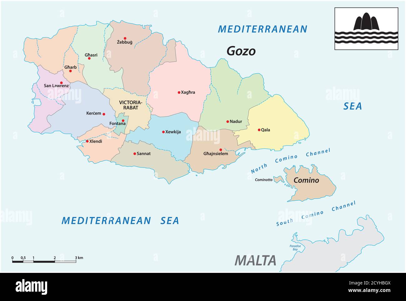 vektor-Verwaltungskarte der beiden maltesischen Inseln Gozo und Comino mit Flagge, Malta Stock Vektor