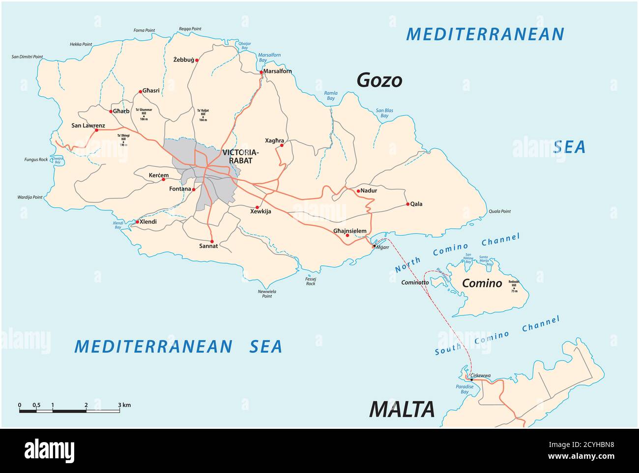 vektor-Straßenkarte der beiden maltesischen Inseln Gozo und Comino, Malta Stock Vektor