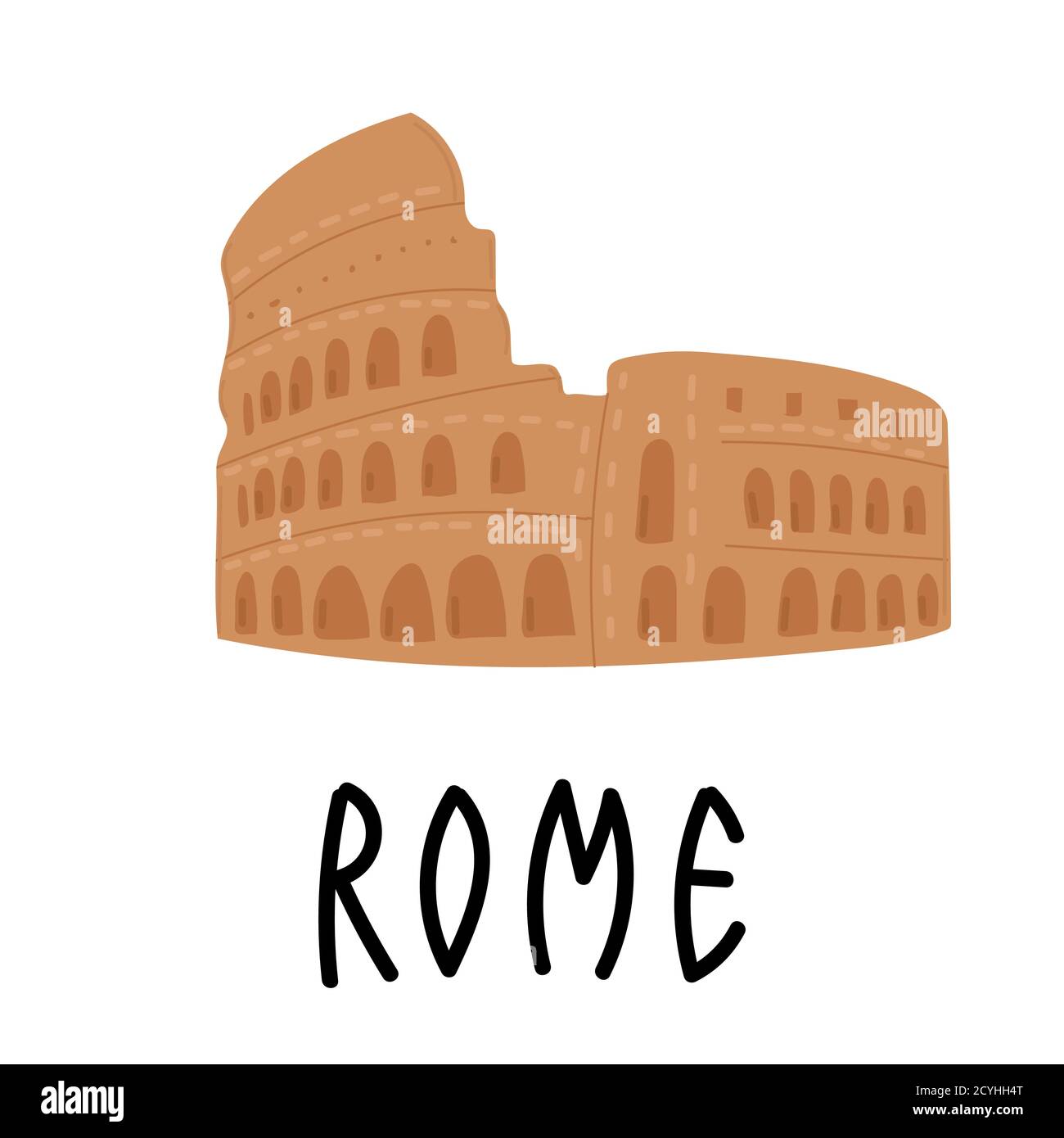 Cartoon Coliseum in Italien auf weißem Hintergrund mit handgezeichneter Schrift Rom. Vektor-Illustration, flaches Design Stock Vektor