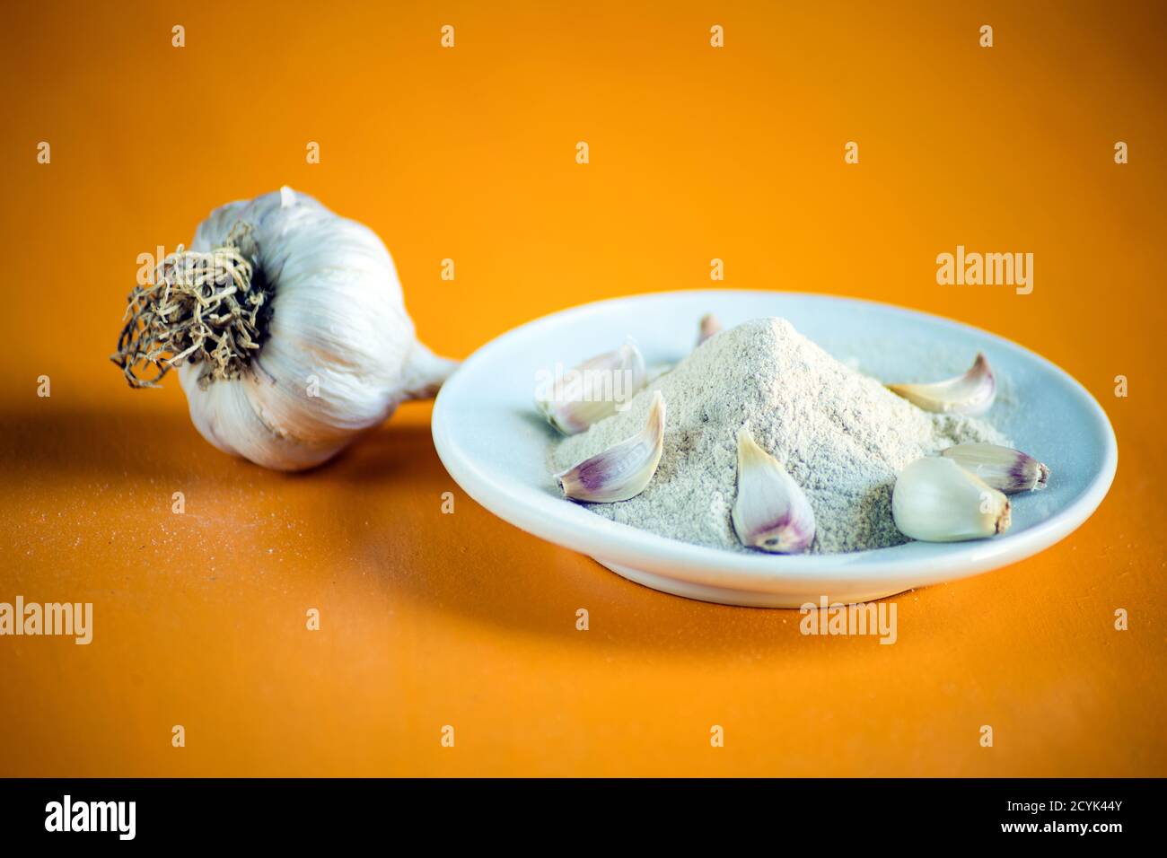 Haufen von Knoblauch Pulver in weißen Teller und Knoblauchkopf auf orangefarbenem Hintergrund. Stockfoto