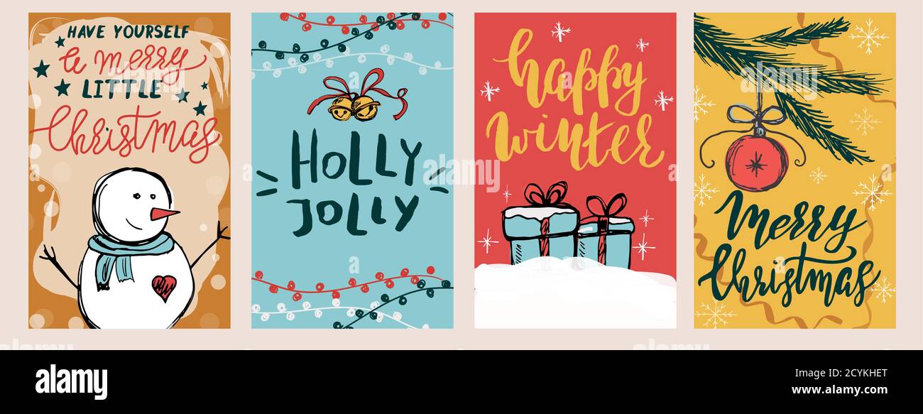 Set von Weihnachtskarten mit handgezeichneten Elementen Stock Vektor