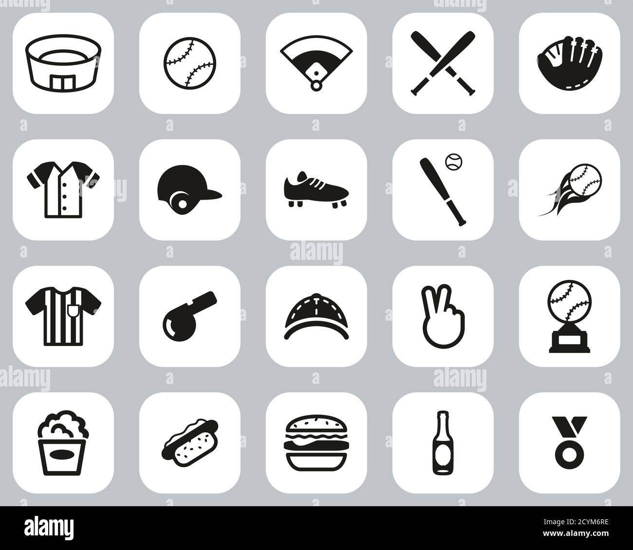 Baseball Icons Schwarz & Weiß Flat Design Set Groß Stock Vektor