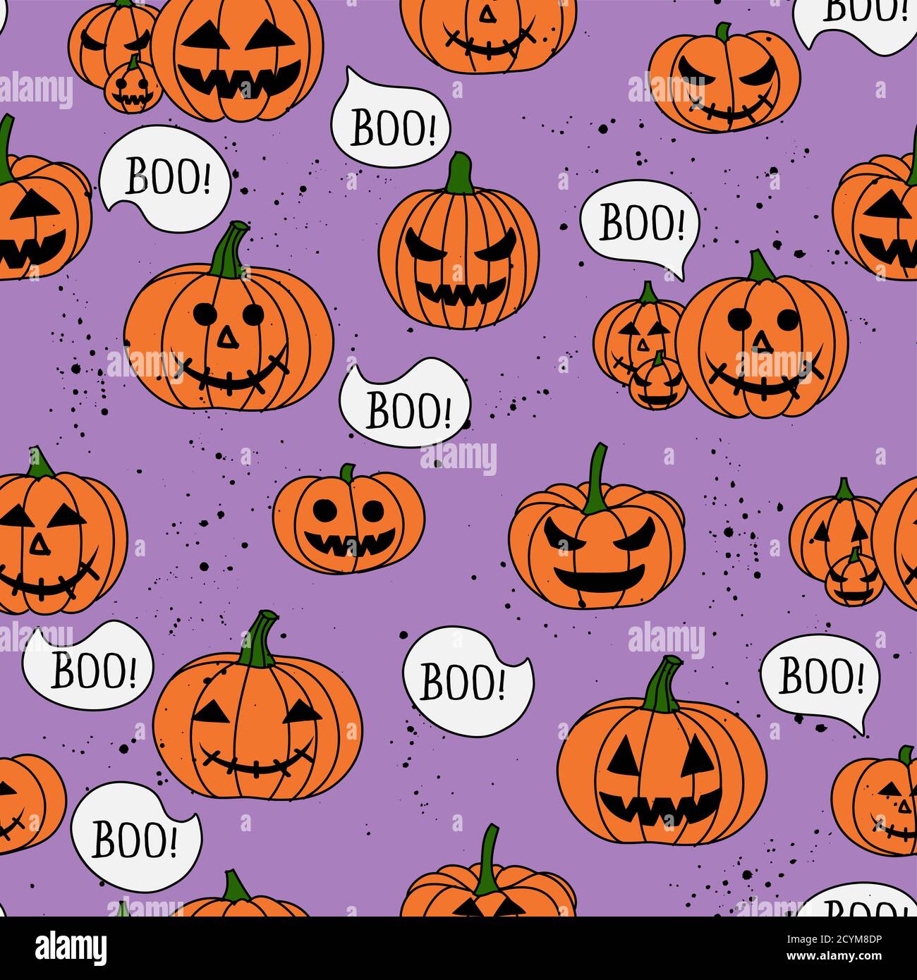 Niedliche Kürbisse nahtloses Muster mit Boo Text für Halloween. Niedliches Doodle-Design. Jack o Laterne Set. Lustige handgezeichnete Doodle, Textil-Grafik-Design. / Stock Vektor