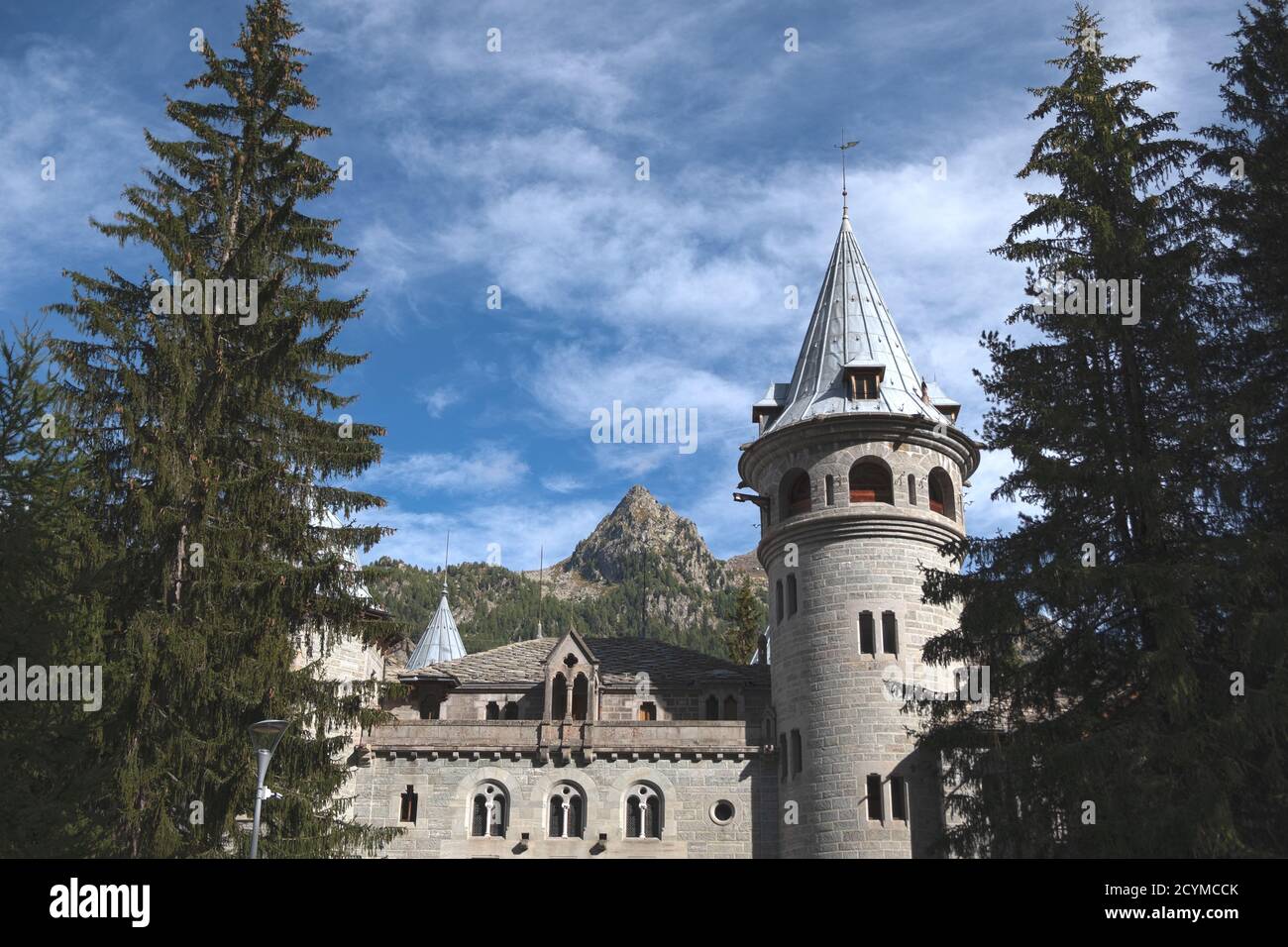 Schloss Savoia - Gressoney-Saint-Jean, Region Aostatal, Italien. Stockfoto