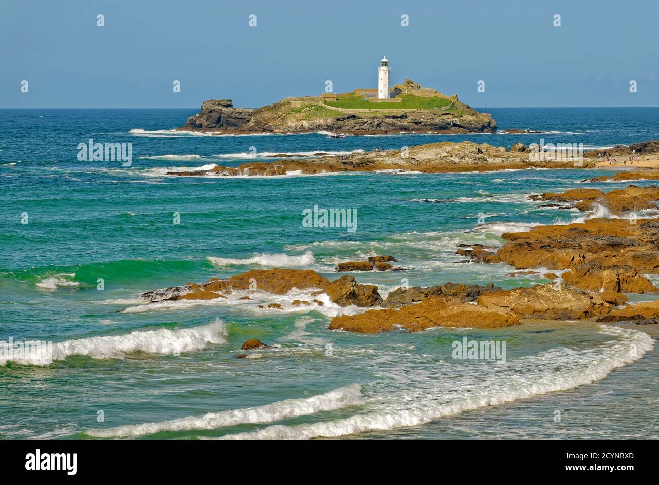 Godrevy Leuchtturm an der nordkornischen Küste, Cornwall, England. Stockfoto