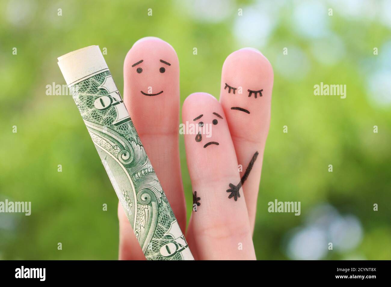 Finger Kunst der Familie. Das Konzept des Ex-Ehemanns zahlt keine Unterhaltszahlung. Stockfoto
