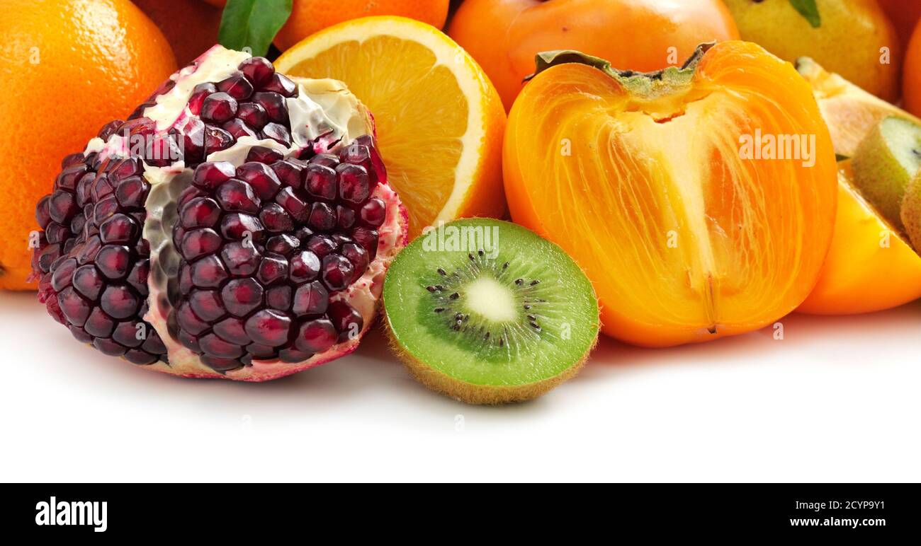 Sammlung Früchte auf weißem Hintergrund Stockfoto