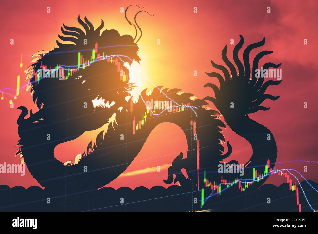 Anzeige der Kursgrafik für die chinesische Börse. Dragon als Hintergrund  bedeutet China Wirtschaft Konzept. Diagramm der Aktienmärkte, das die  Konjunktur nach unten zeigt. Versagen in China Stockfotografie - Alamy